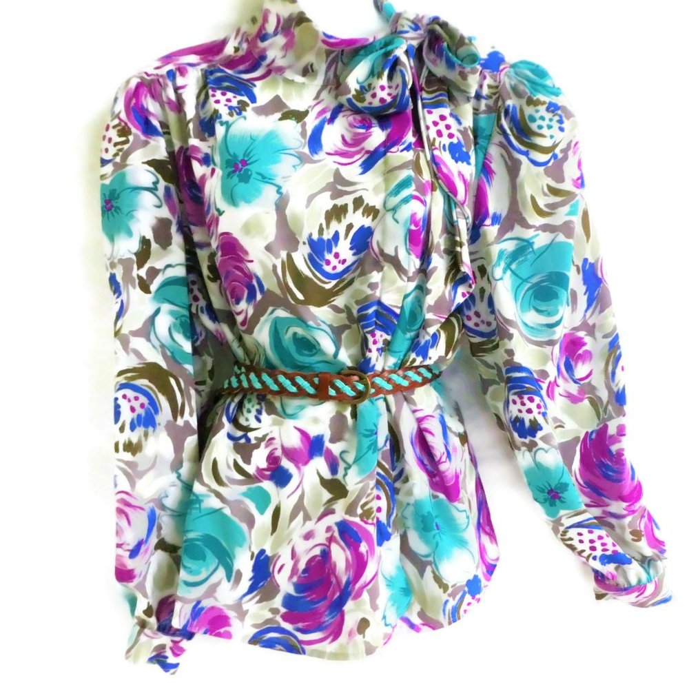 Vintage 70s Rhoda Lee Blouse Floral Secretary High Neck Bow Tie Offset Button L